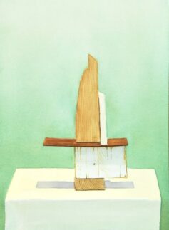 composition25 #04
aquarelle sur papier Hahnemühle
33 x 45 cm A painting of a wooden sculpture on a table.