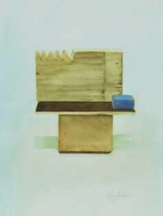 composition25 #05
aquarelle sur papier Hahnemühle
33 x 45 cm A painting of a wooden bench with a blue sponge.